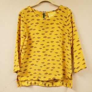 Maeve Yellow Silk Top Blouse Xsmall Cloud Print HiLow Hem Back Zipper Scoop Neck